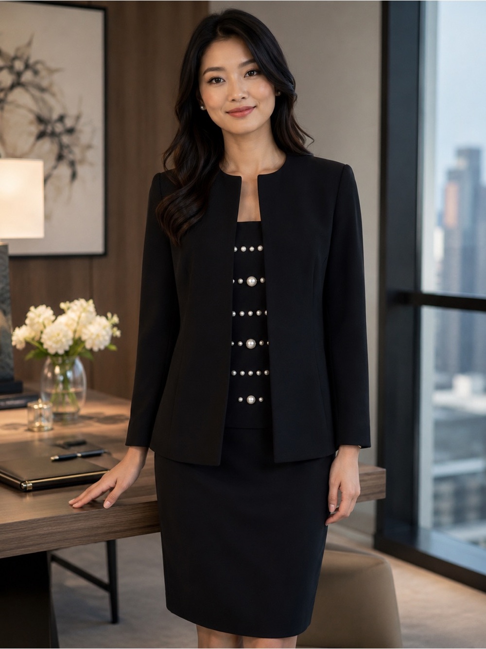 Kasper 3-Piece Skirt Suit Set Black Open Front Blazer Pearl Bead Cami Size 8